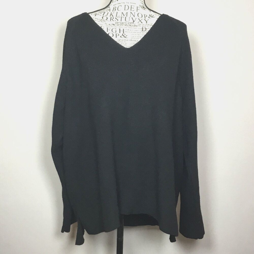Black slouchy vee neck sweater ribbed knit stretchy minimalist cozy XL